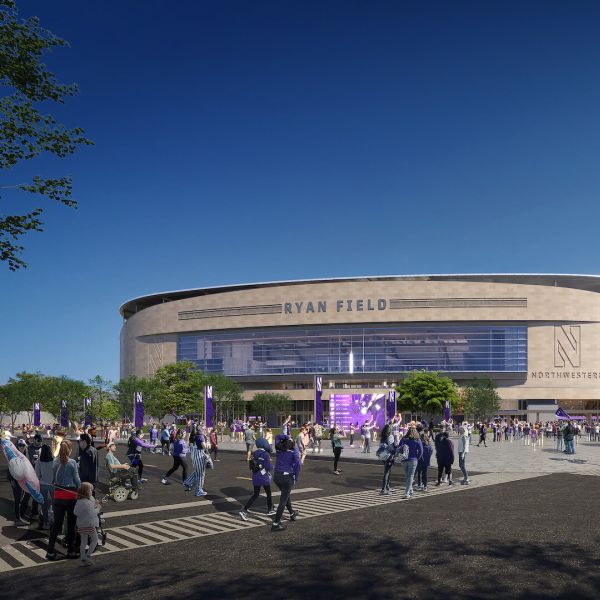 Rendering of the exterior of the new Ryan Field at Northwestern University with lots of people walking into the football stadium