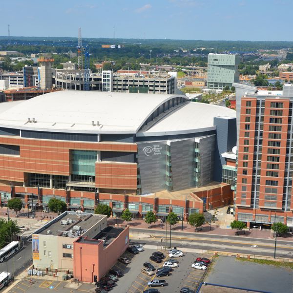 Exterior drone shot of Spectrum Center