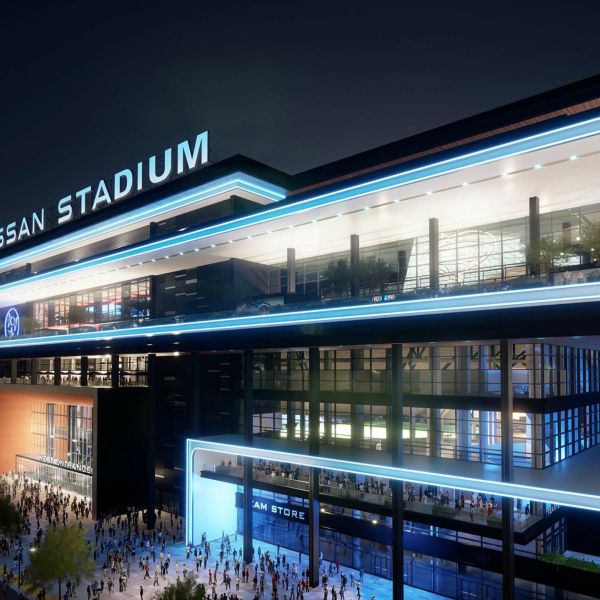 Rendering of the exterior of New Nissan Stadium at night