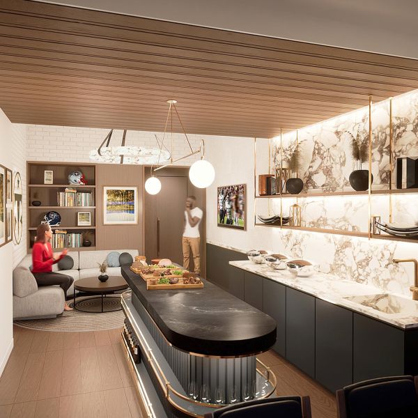 Rendering of the inside of a luxury suite at New Nissan Stadium