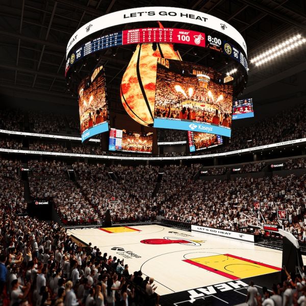 Rendering of the basketball court during an event at Kaseya Center