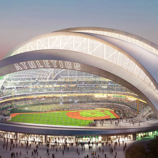 Rendering of the view of the baseball field from the exterior of the A's Las Vegas Stadium