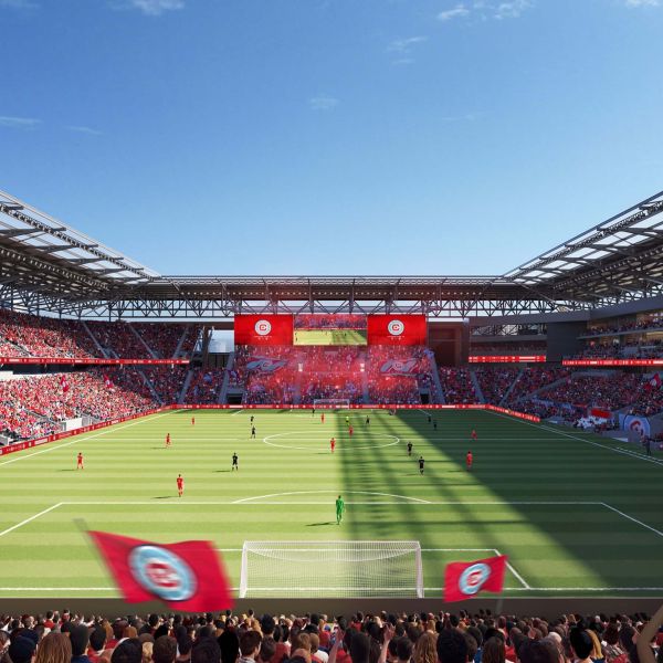 Rendering of a crowded soccer game at the Chicago Fire FC stadium