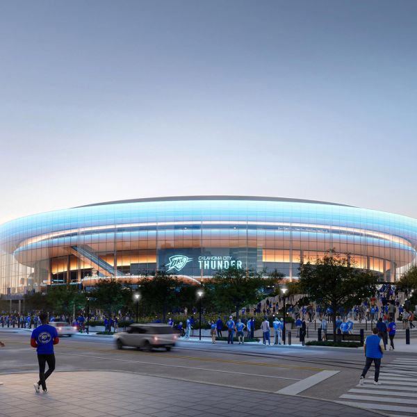 Rendering of the exterior 360-degree glass curtain wall of the Oklahoma City New Arena
