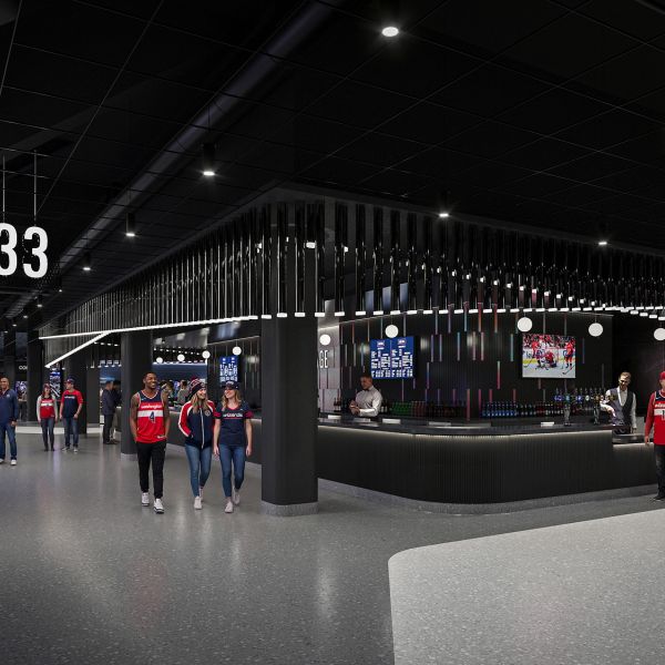 Rendering of the feature bar at the terrace in the concourse at Capital One Arena