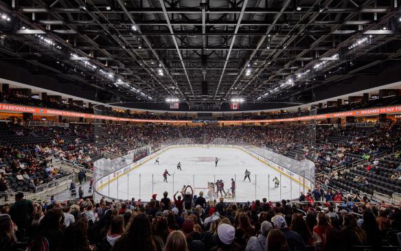 Interior view of the hockey rink in Acrisure Arena