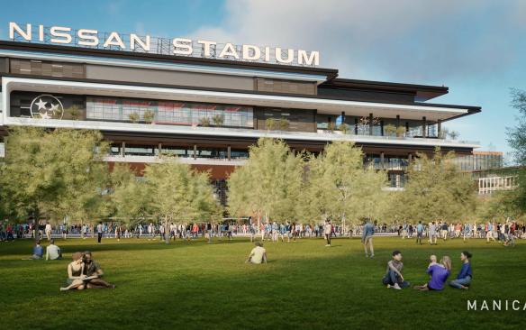 Rendering of people hanging out on the lawn outside of New Nissan Stadium