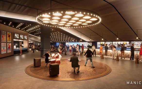 Rendering of the inside of a mezzanine club at New Nissan Stadium