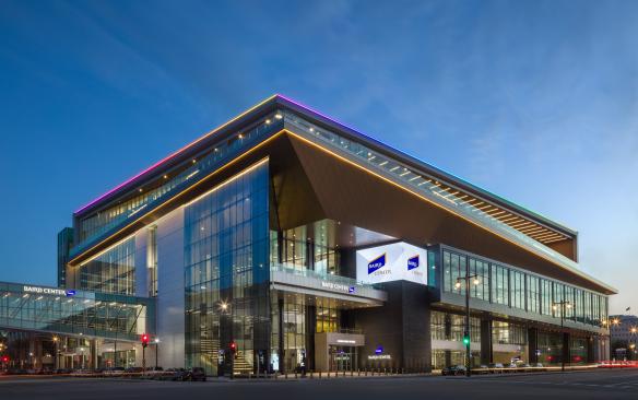 Exterior view of Baird Center at night