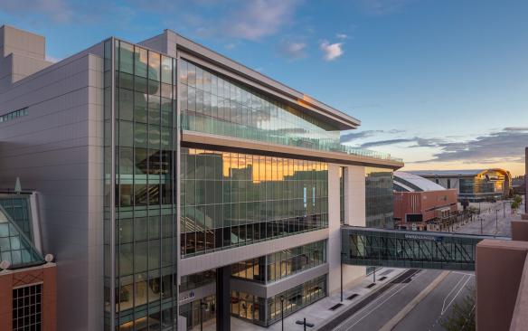 Exterior view of Baird Center on the side with the bridge