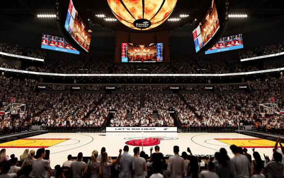 Rendering of the basketball court during an event at Kaseya Center