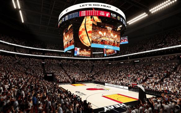 Rendering of the basketball court during an event at Kaseya Center