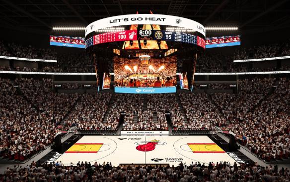 Rendering of the basketball court during an event at Kaseya Center