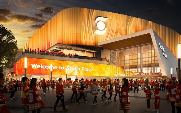 Rendering of the exterior of Scotia Place at night