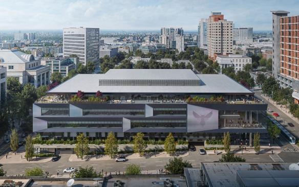 Rendering of the exterior of the Charlotte Hornets Performance Center