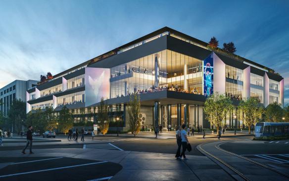 Rendering of the exterior of the Charlotte Hornets Performance Center at night