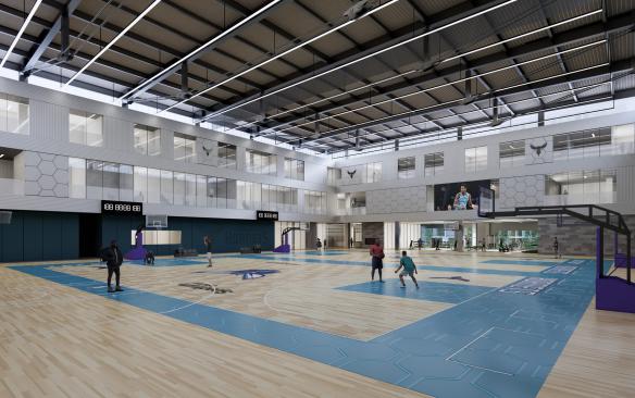 Rendering of a court inside of the Charlotte Hornets Performance Center