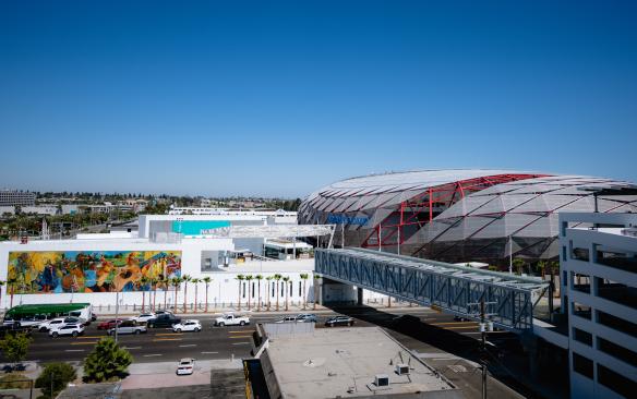 View of the outdoor plaza and arena at Intuit Dome