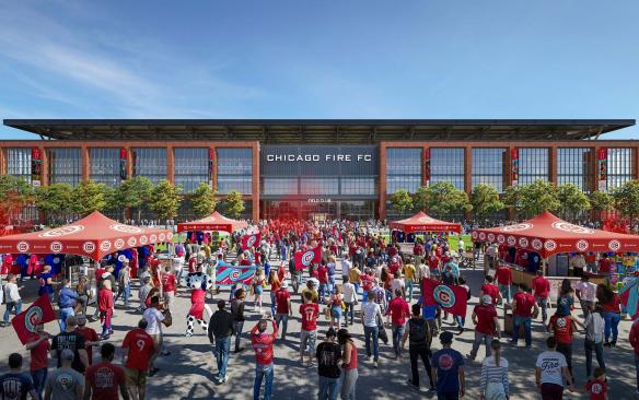 Rendering of a large crowd in front of the Chicago Fire stadium