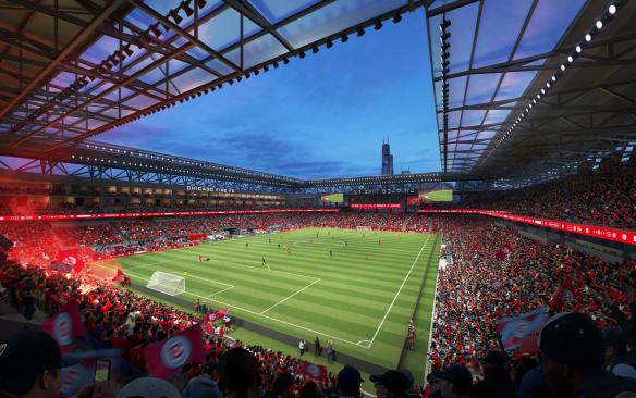 Rendering of a crowded soccer game at the Chicago Fire FC stadium