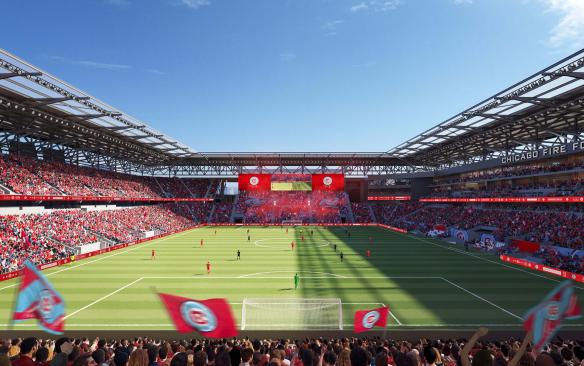 Rendering of a crowded soccer game at the Chicago Fire FC stadium
