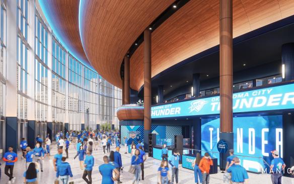 Rendering of the main concourse at the west entry at the Oklahoma City New Arena on game night