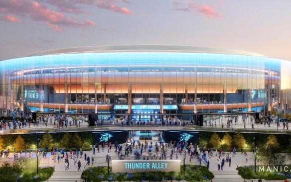 Rendering of the exterior of the Oklahoma City New Arena looking east from the Myriad Gardens