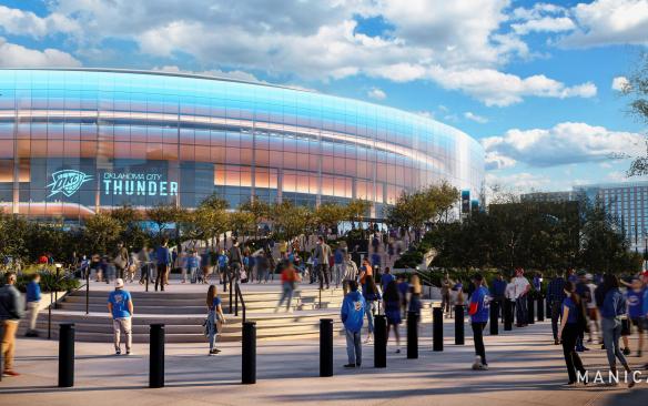 Rendering of the exterior of the Oklahoma City New Arena looking south on the west side