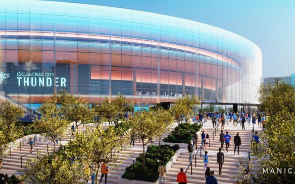 Rendering of the elevated grand entrance leading to the grand podium at the Oklahoma City New Arena