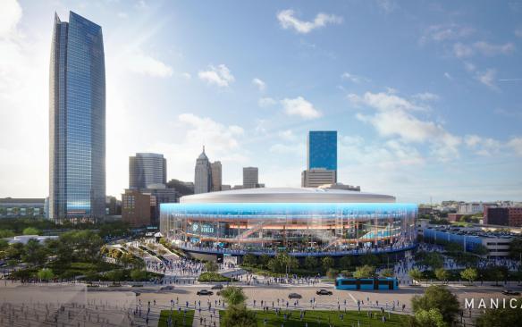 Rendering of the exterior of the Oklahoma City New Arena looking north