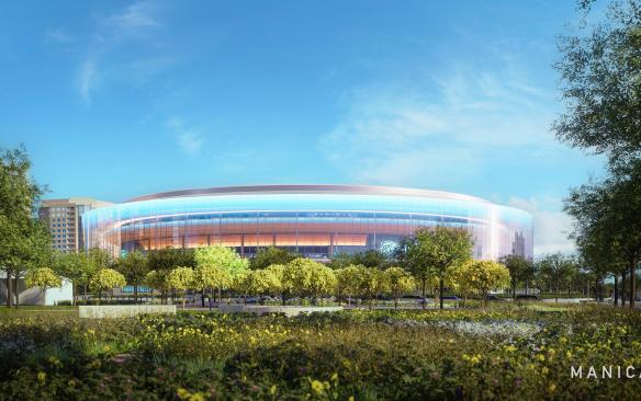 Rendering of the exterior of the Oklahoma City New Arena looking east