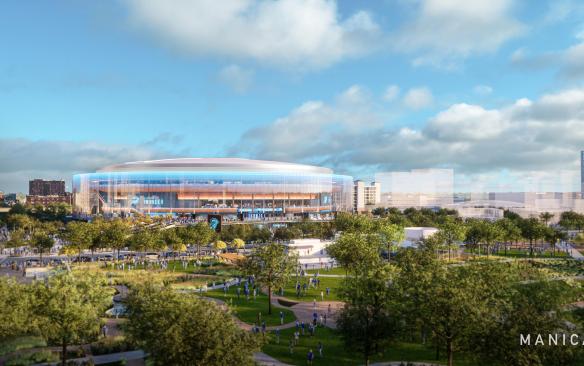 Rendering of the exterior of the Oklahoma City New Arena integration with downtown parks and nature