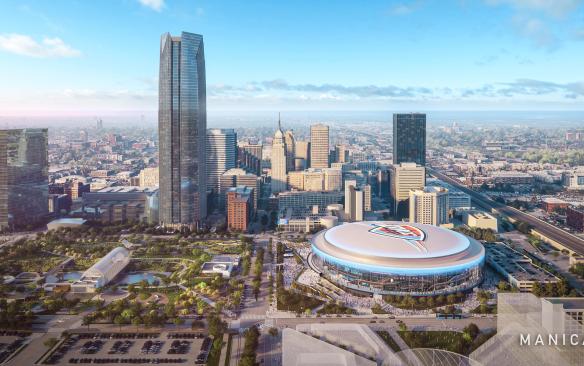 Rendering of the aerial view of the exterior of the Oklahoma City New Arena