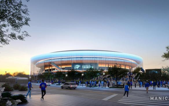 Rendering of the exterior 360-degree glass curtain wall of the Oklahoma City New Arena