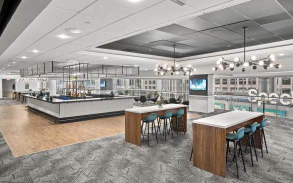 The renovated gathering area by the mini suites at Spectrum Center