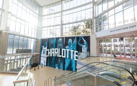 The renovated Belk Light Rail Entrance in the Trade Street Lobby at Spectrum Center