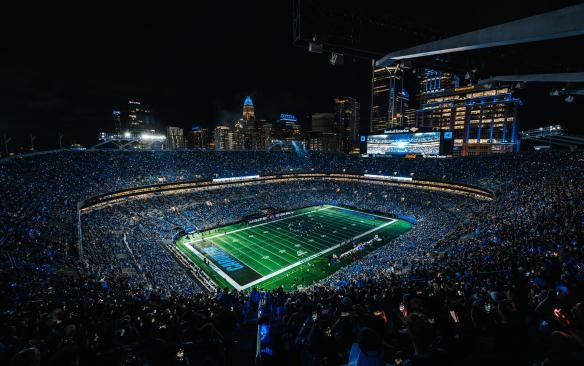 Aerial rendering of a Carolina Panthers game at the renovated Bank of America Stadium