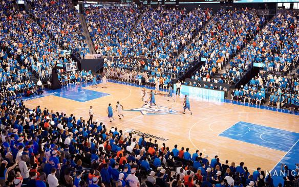 Rendering of the court at the Continental Coliseum during an Oklahoma City Thunder game