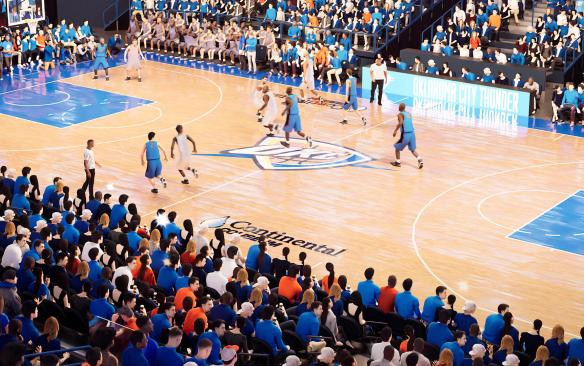 Rendering of the basketball court at Continental Coliseum during an Oklahoma City Thunder game