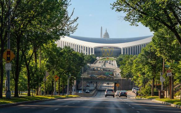 Rendering of the exterior of the Washington Commanders Stadium