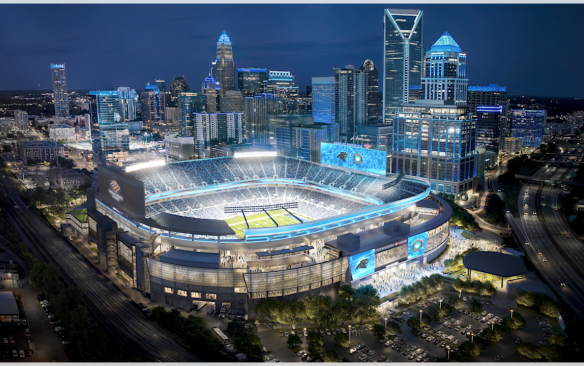 Rendering of an aerial shot of the renovated Bank of America Stadium at night
