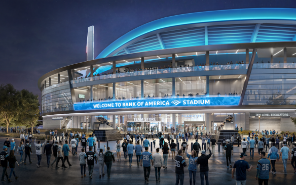 Rendering of the exterior of the renovated Bank of America Stadium at night
