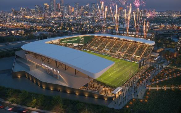 Rendering of an aerial view of the Denver Summit FC Stadium at night
