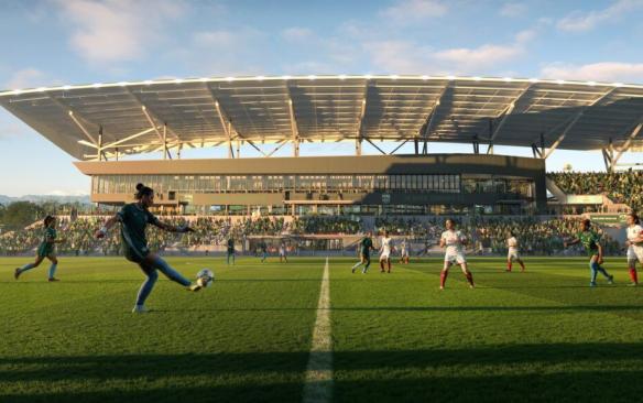 Rendering of soccer players on the field of the Denver Summit FC Stadium