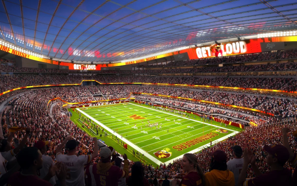 Rendering of an aerial view of a football game at the New Commanders Stadium