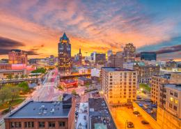 The skyline of downtown Milwaukee, Wisconsin at dusk