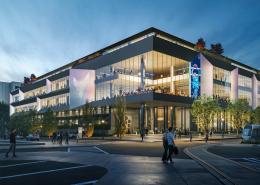 Rendering of the exterior of the Charlotte Hornets Performance Center at night