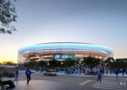 Rendering of the exterior 360-degree glass curtain wall of the Oklahoma City New Arena