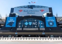 Exterior shot of the front entrance of Bank of America Stadium