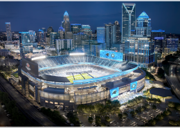 Rendering of an aerial shot of the renovated Bank of America Stadium at night